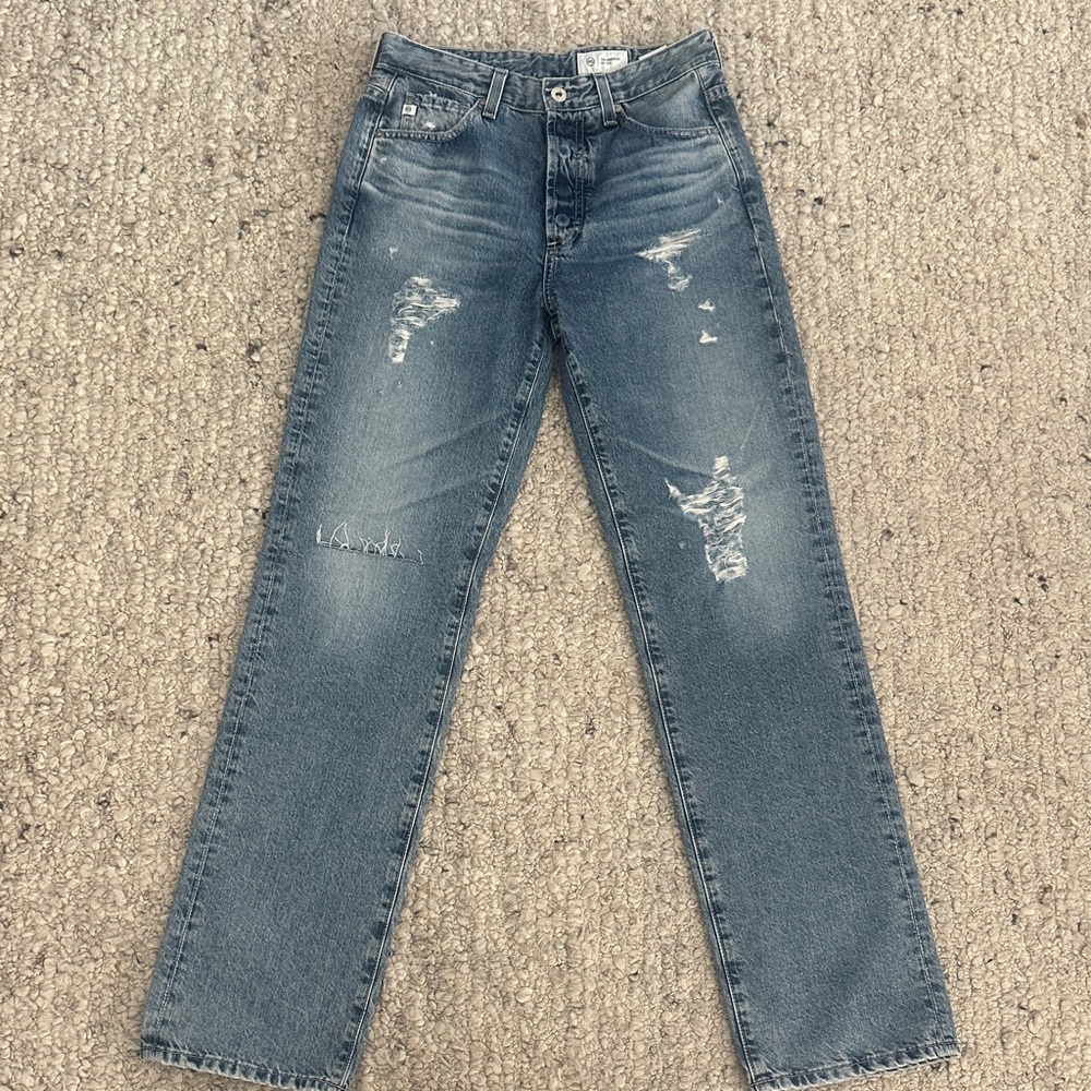AG Adriano Goldschmied Blue ALLEXIS Straight Leg Jeans Destroyed